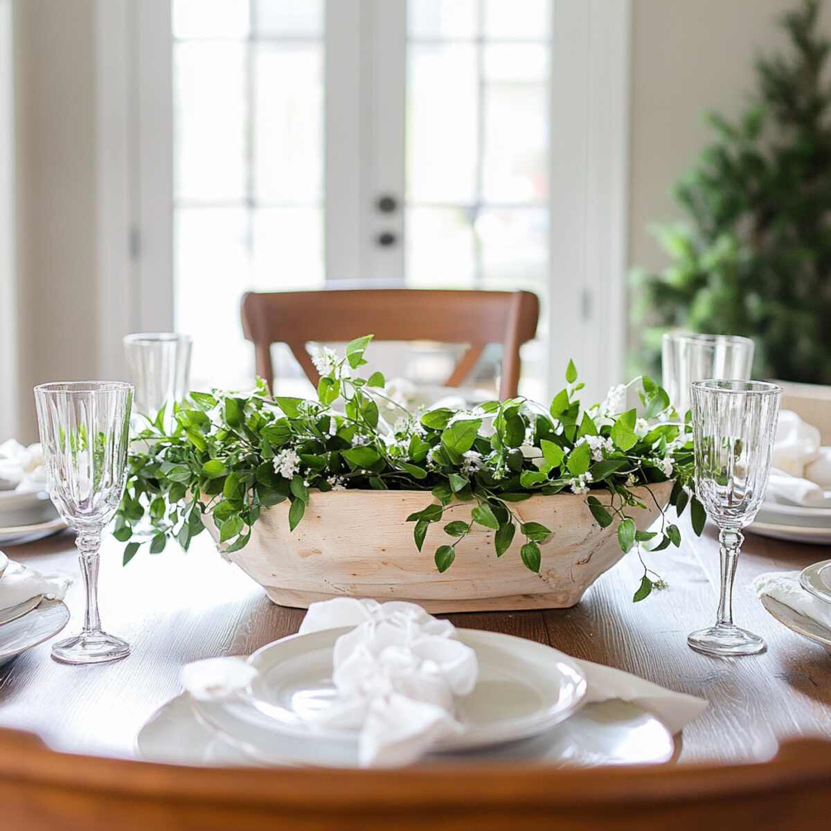 Wooden dough bowl with greenery