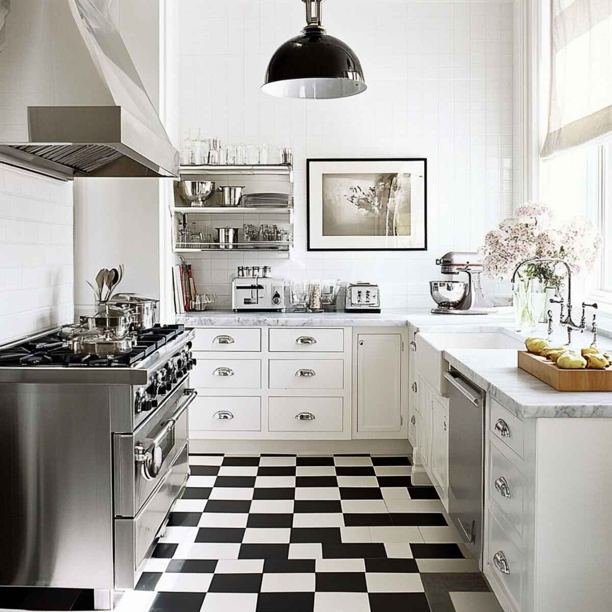 Black and white checkerboard flooring