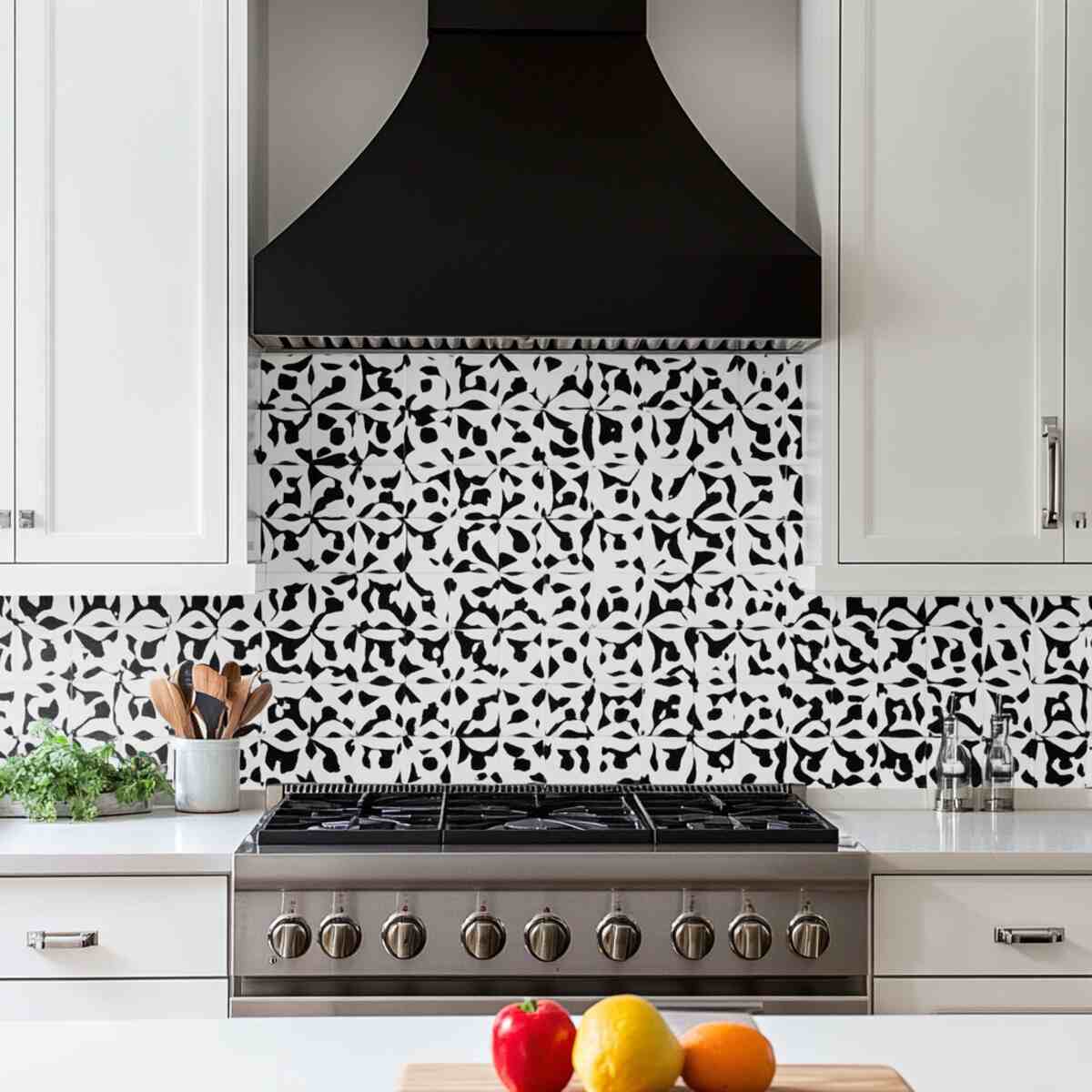 Black and white patterned backsplash