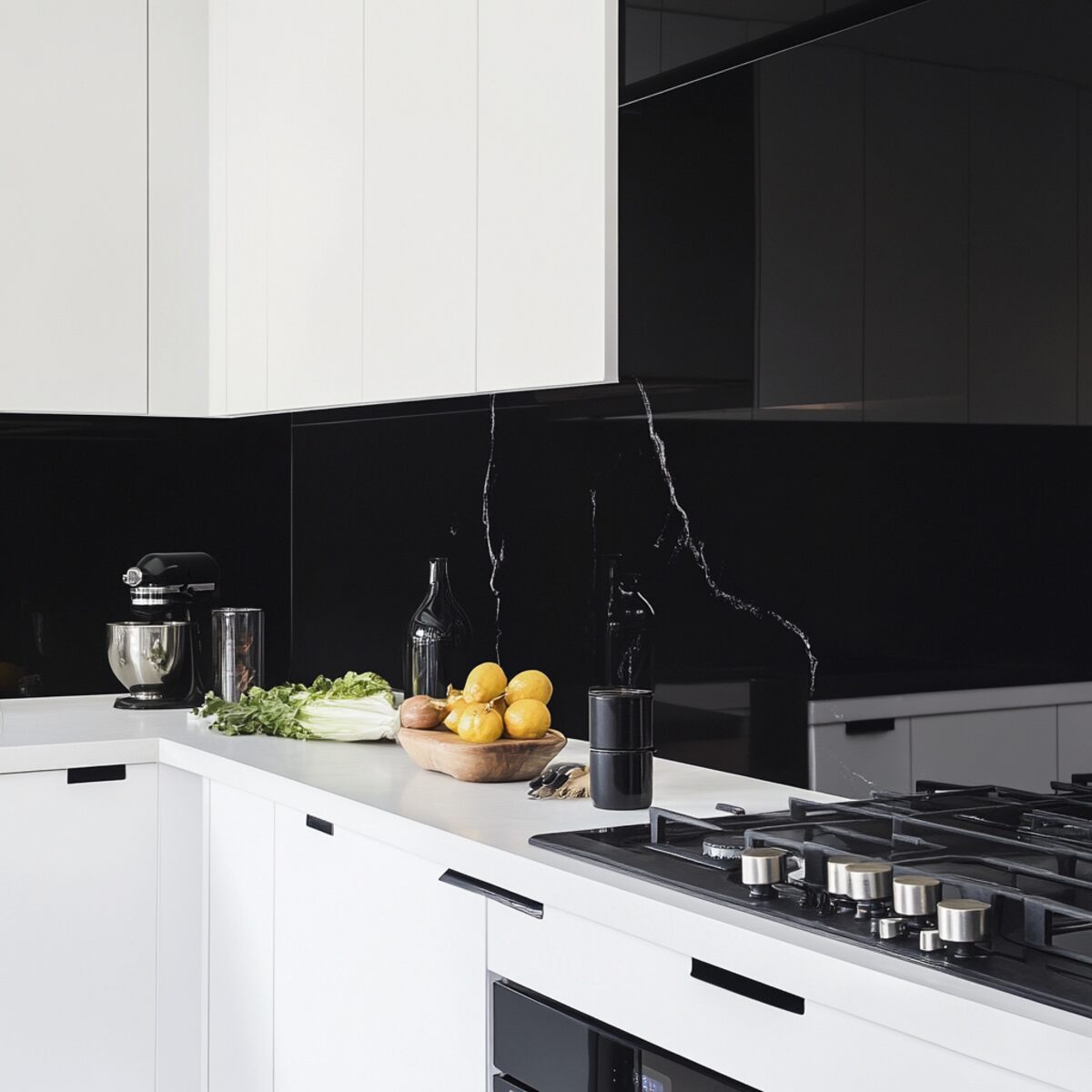 Black backsplash with white countertops