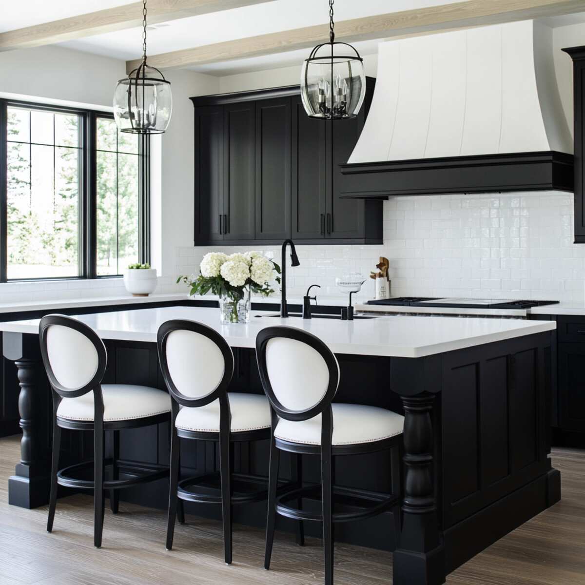 Black barstools with white seating