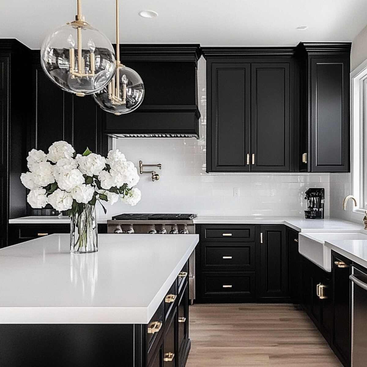 Black cabinets with white countertops
