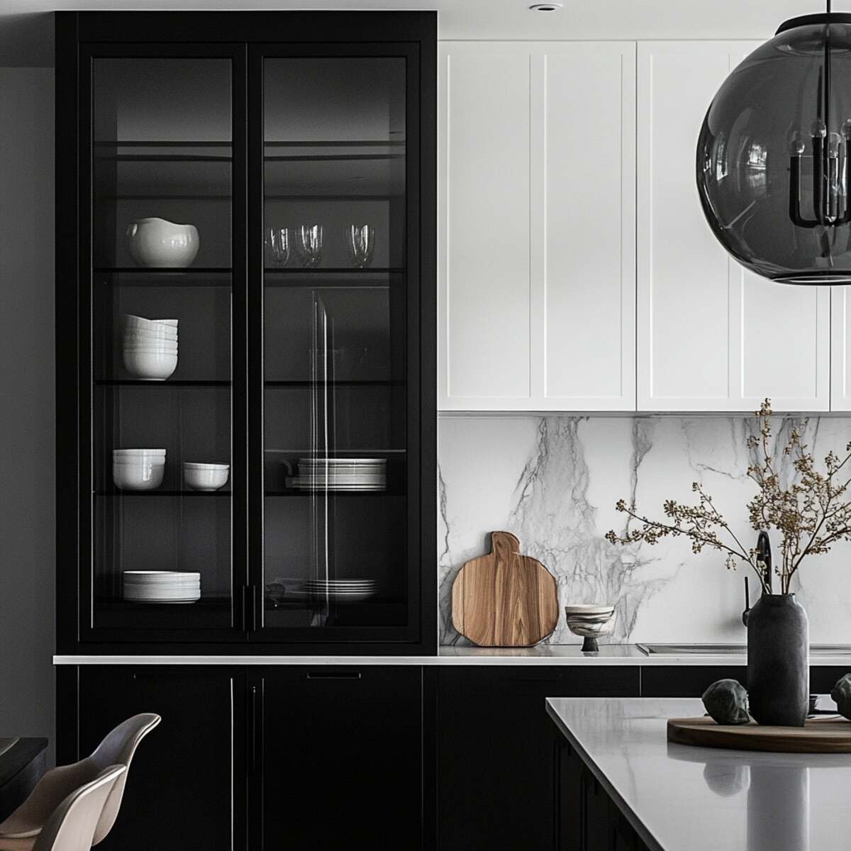 Black-framed glass cabinet doors