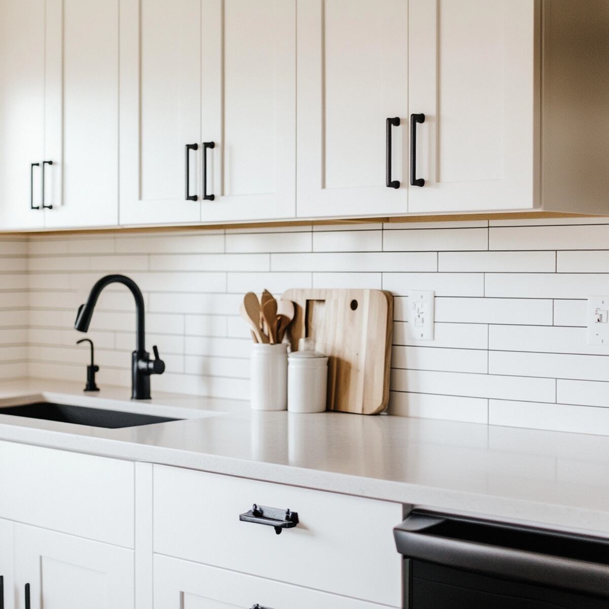 Black hardware on white shaker cabinets