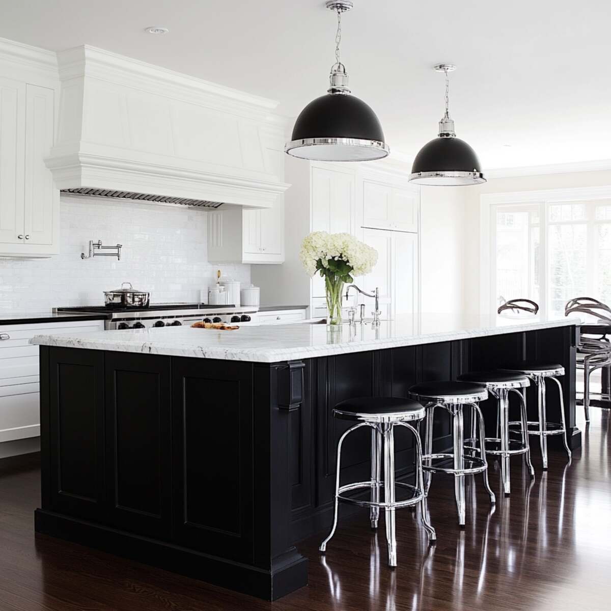 Black island with white cabinetry