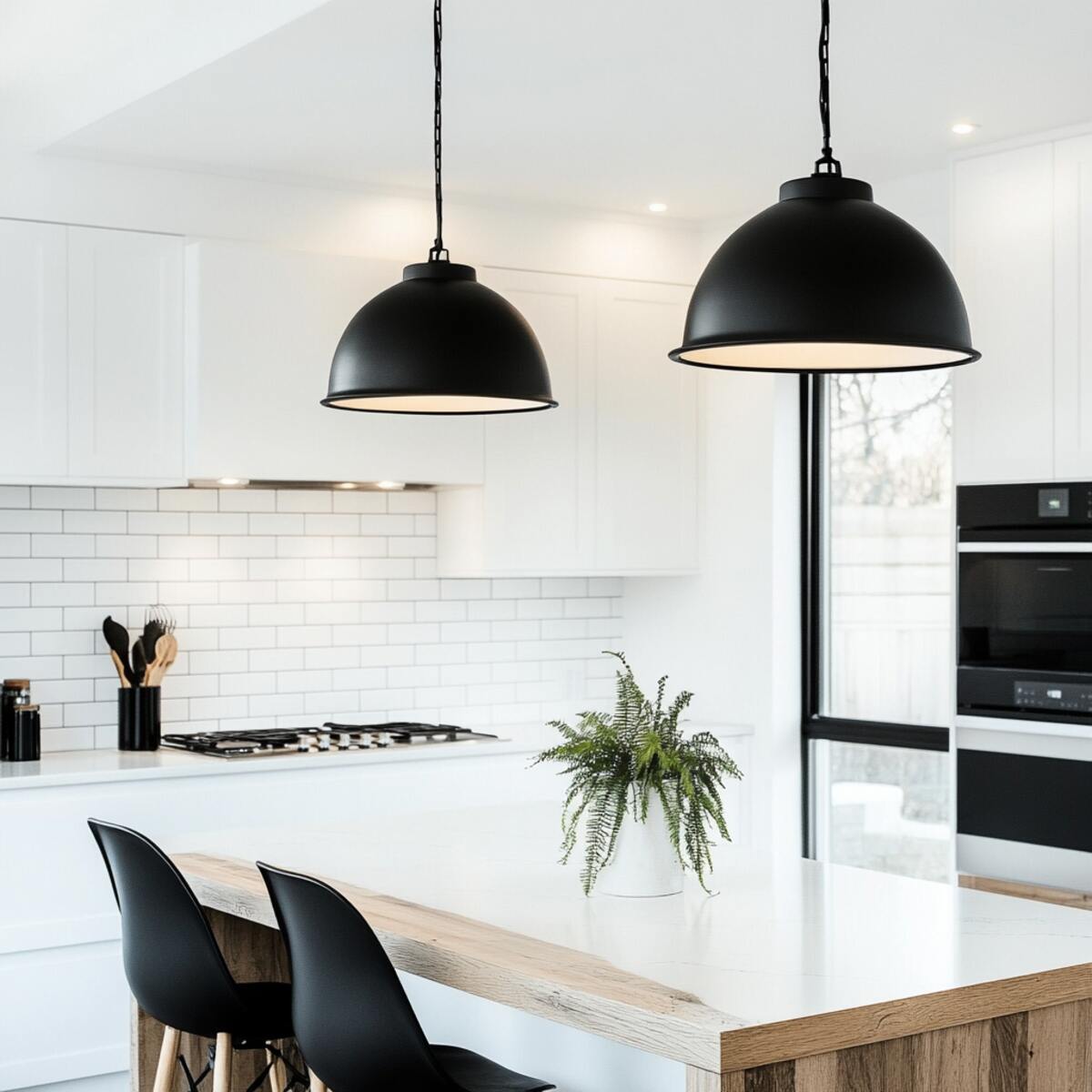 Black pendant lights over a white kitchen