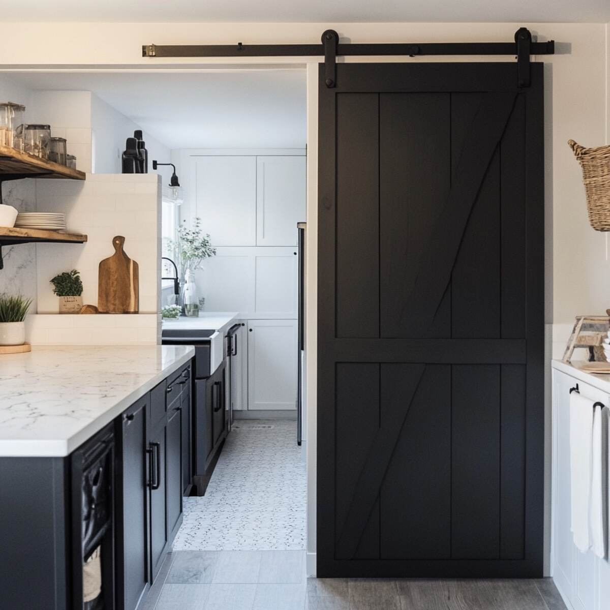 Black sliding barn door with white trim