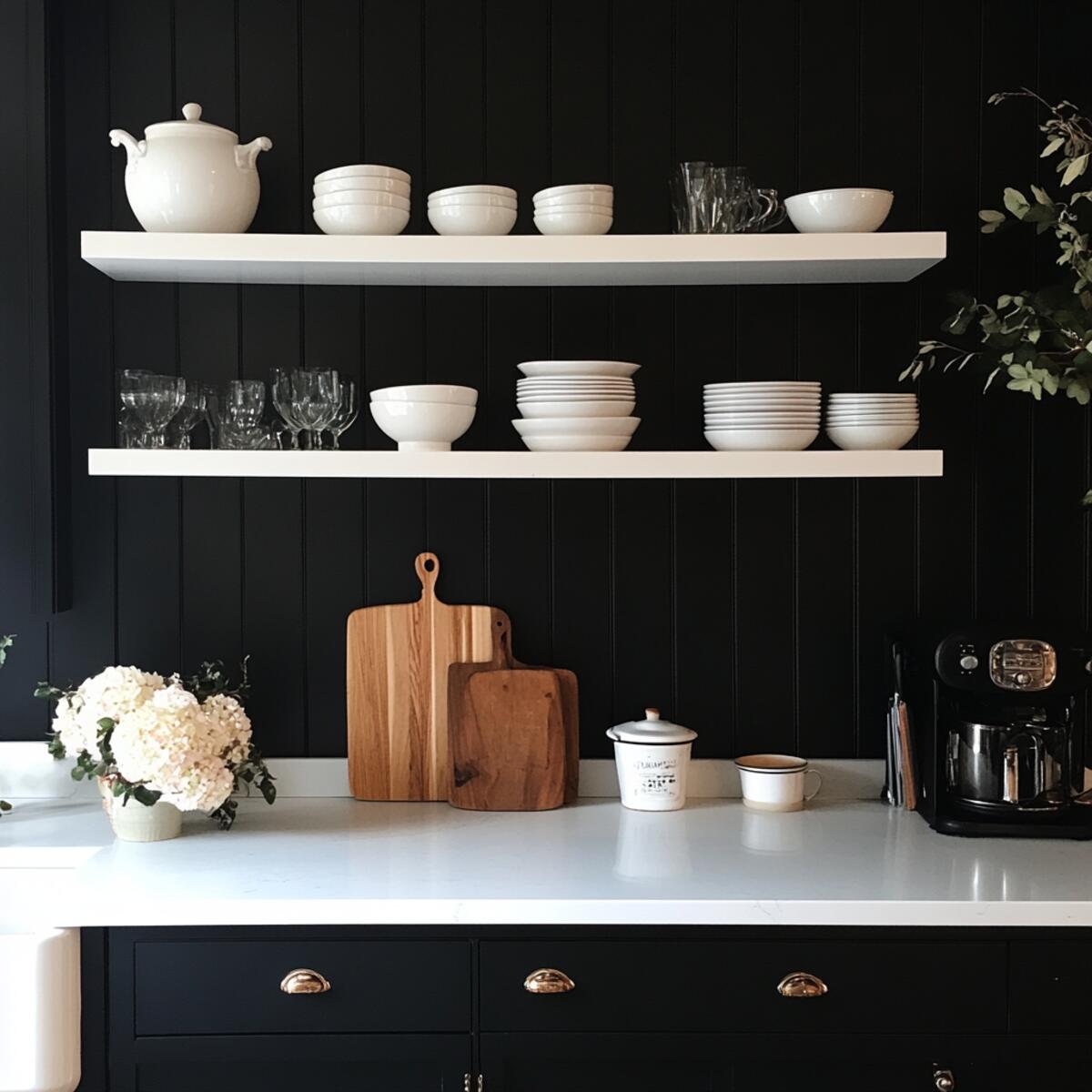 Black walls with white open shelving