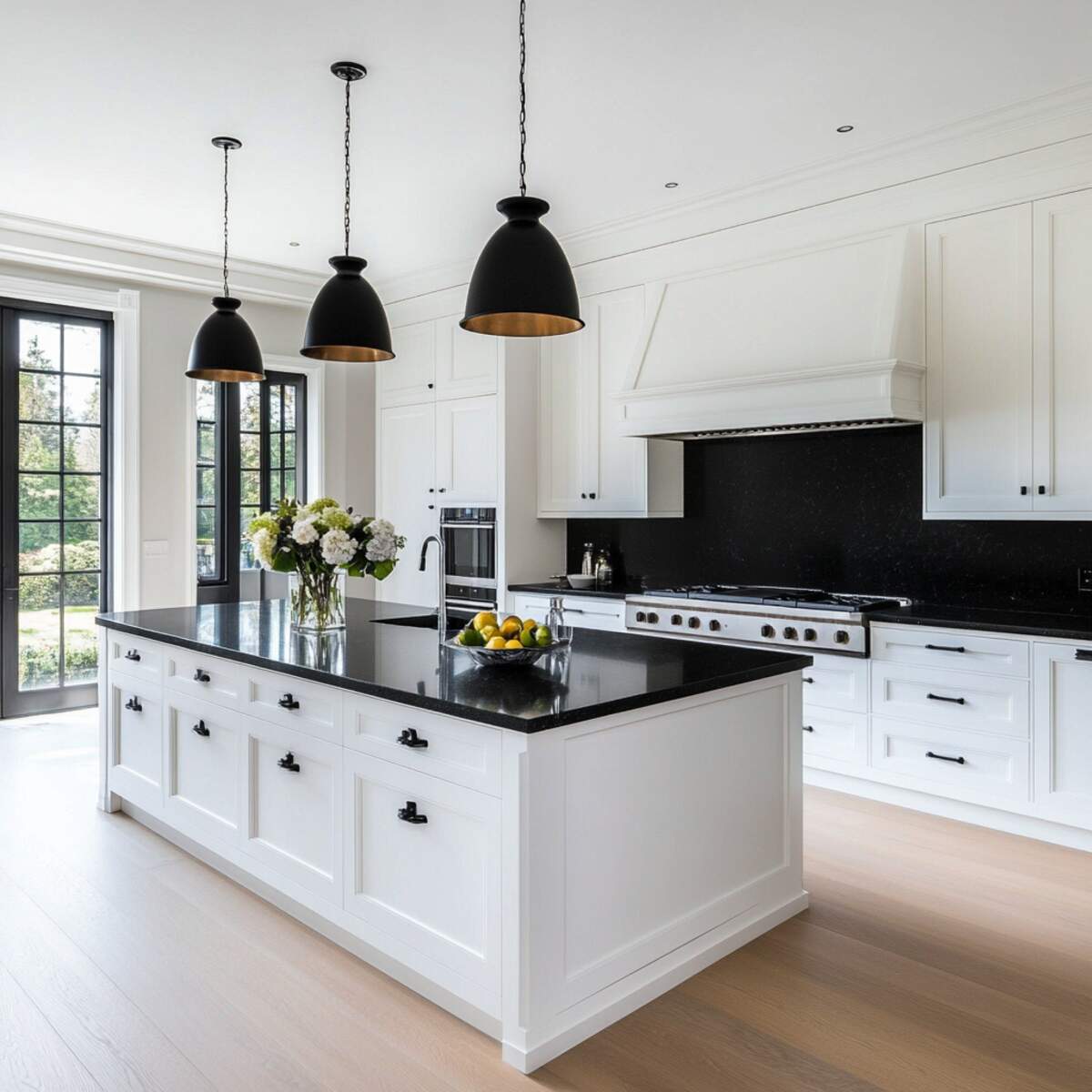 White cabinetry with black countertops