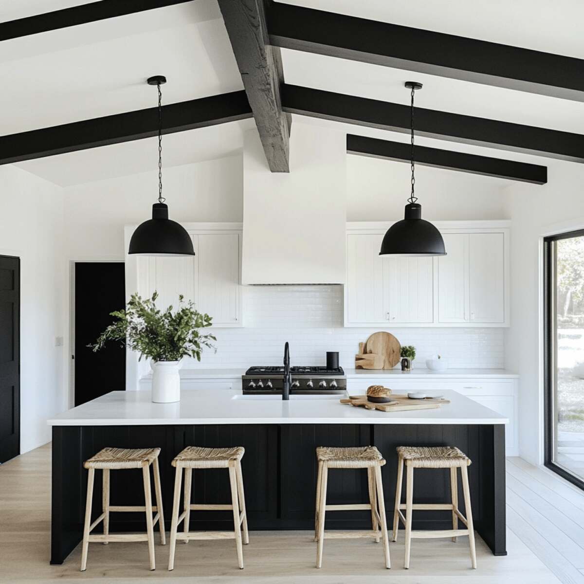 White ceiling with black exposed beams