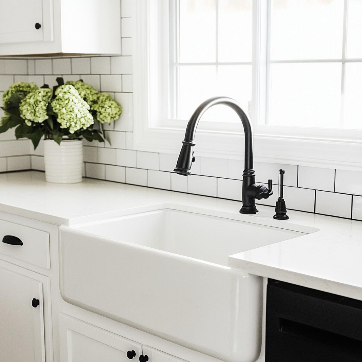 White farmhouse sink with black faucet