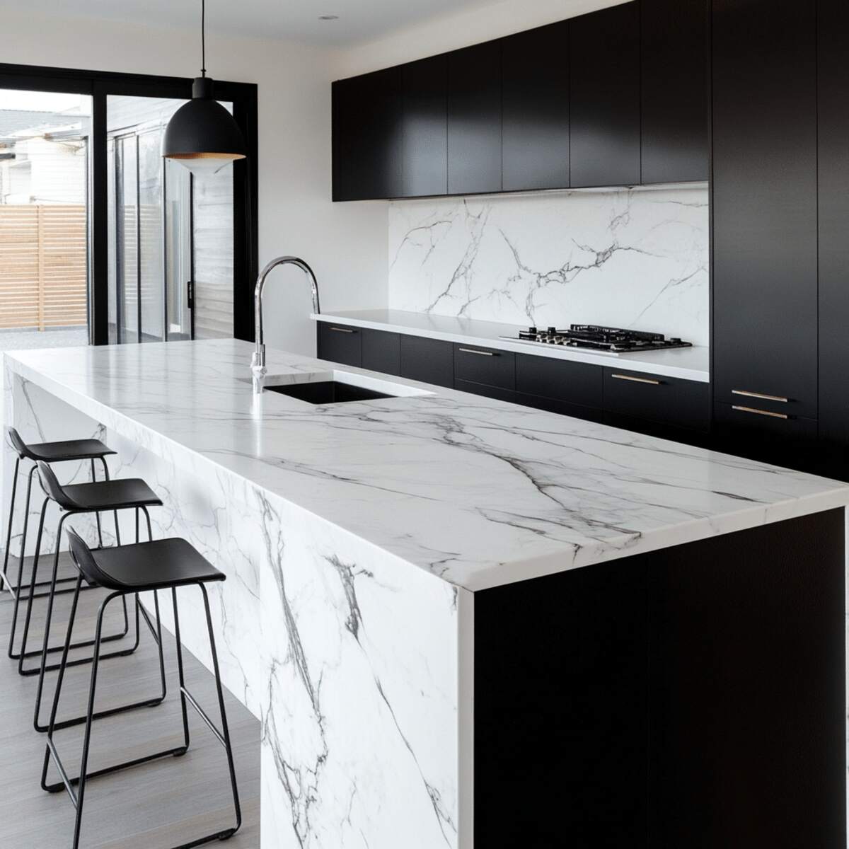 White marble countertops with black veins