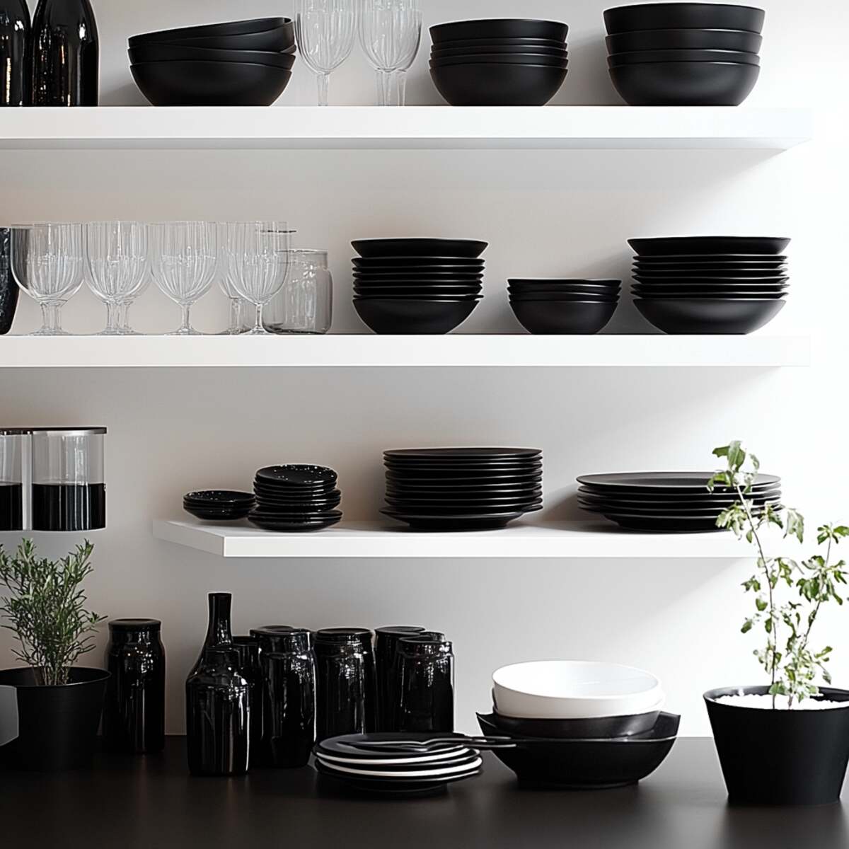 White open shelves with black dishware
