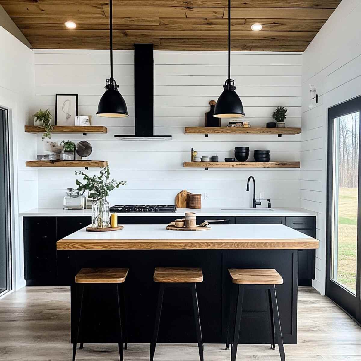 White shiplap walls with black accents