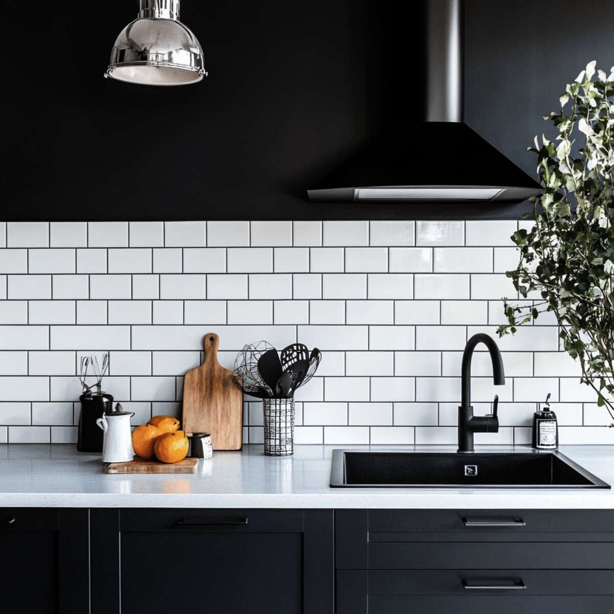 White subway tiles with black grout