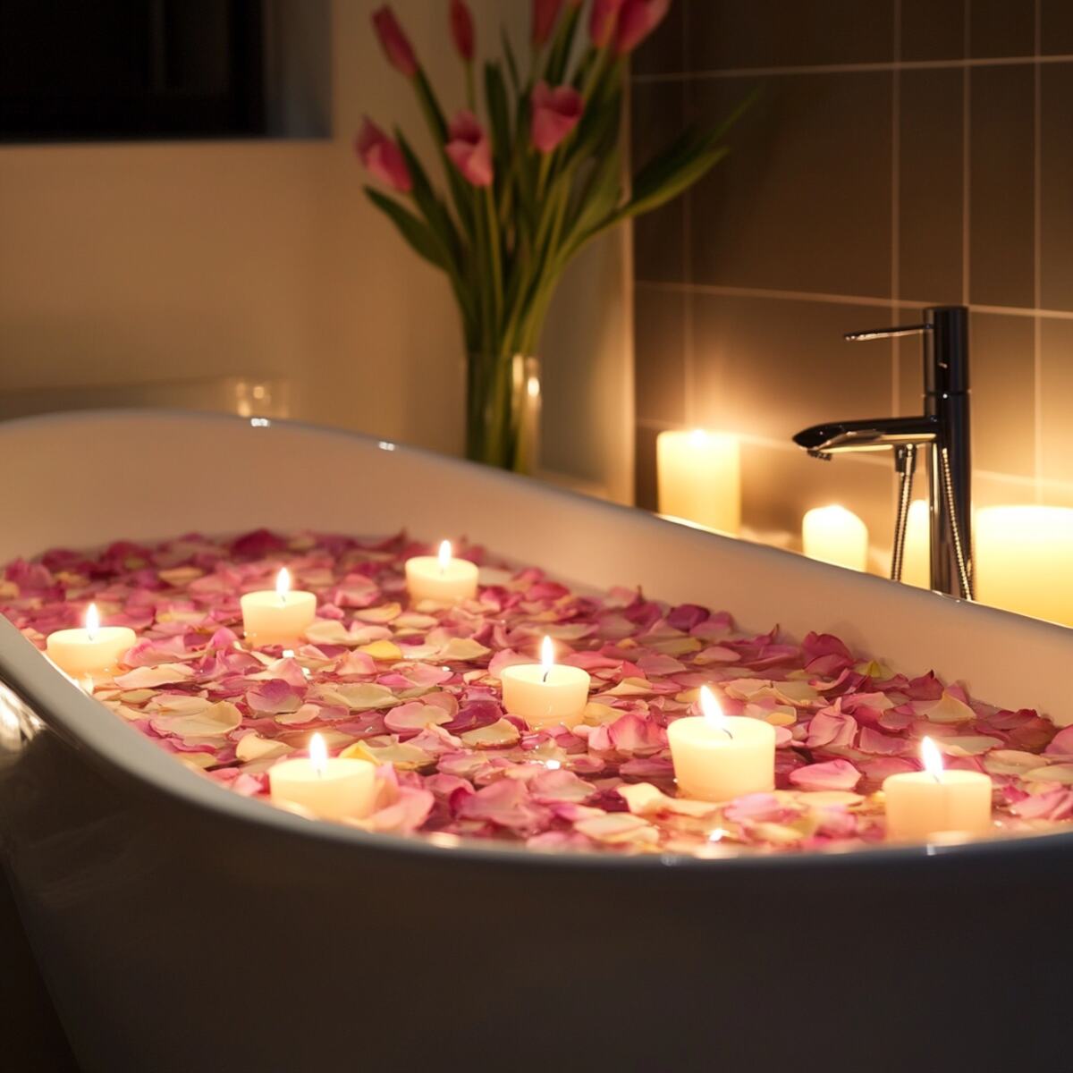 Candlelit bathtub with scattered petals