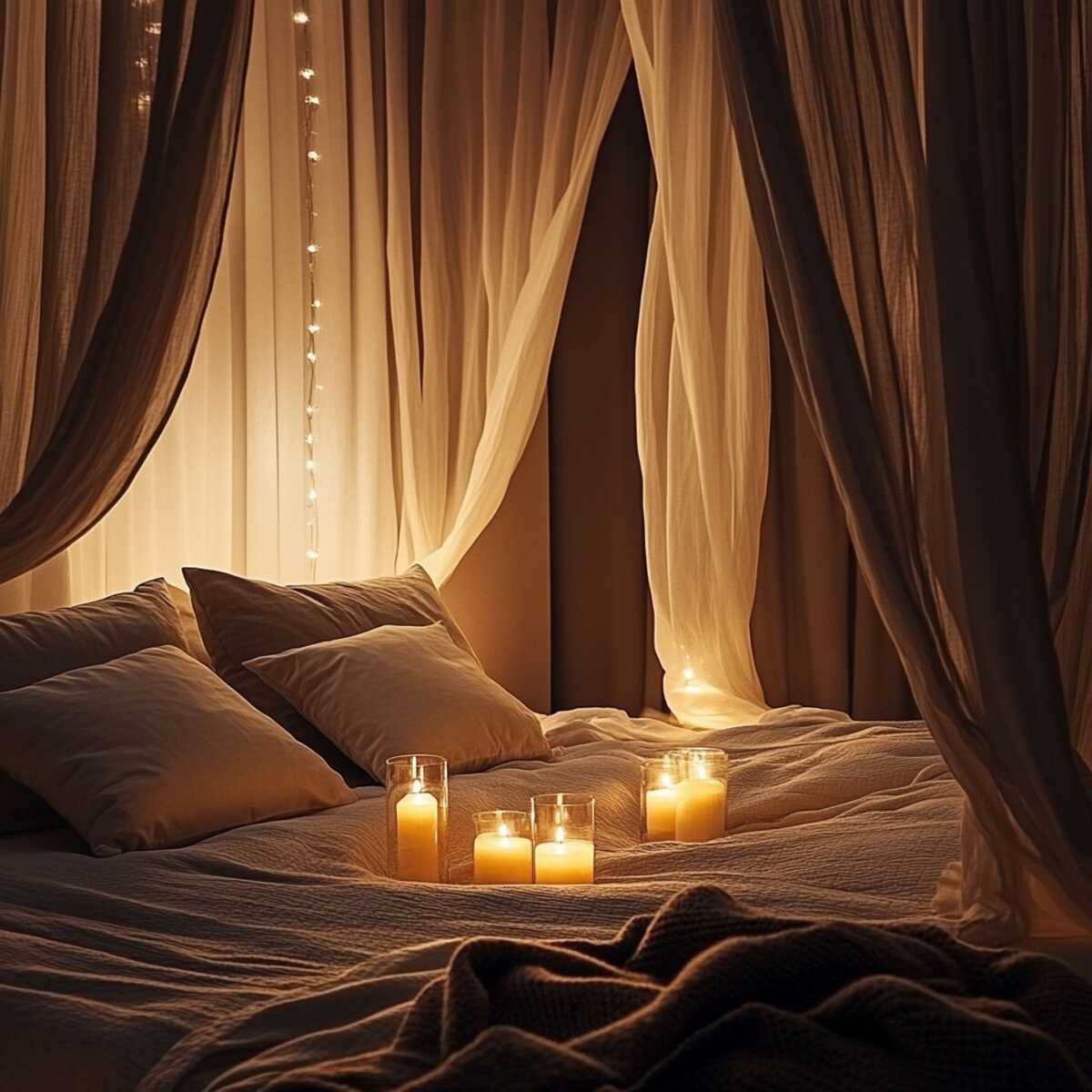 Candlelit bedroom with soft drapes and plush pillo