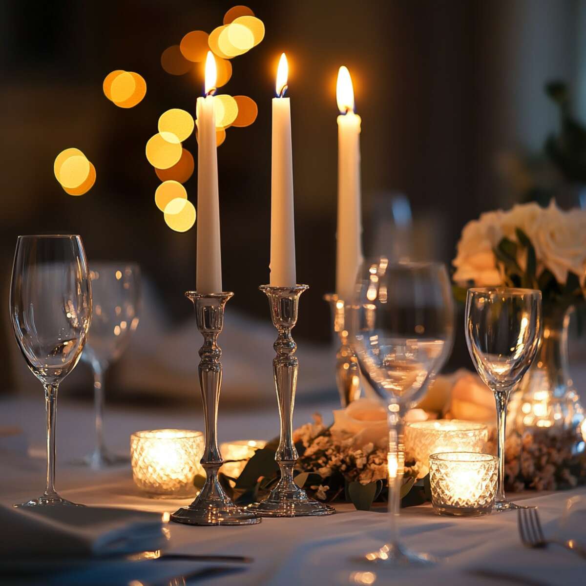 Candlelit dinner table with elegant candlesticks