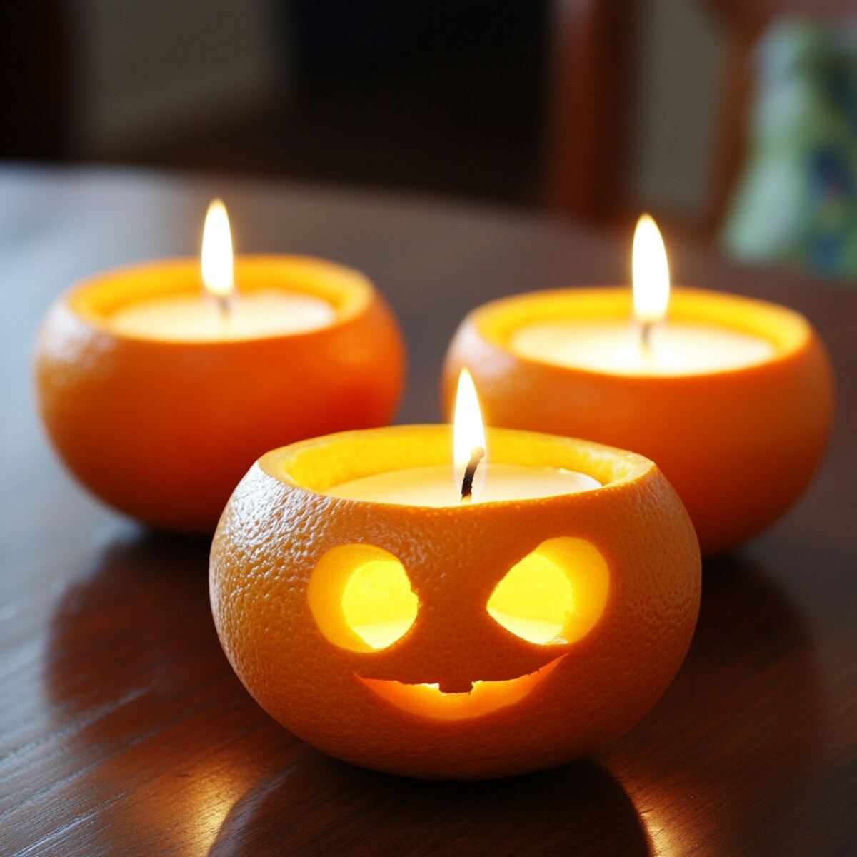 Candles placed inside carved-out fruit