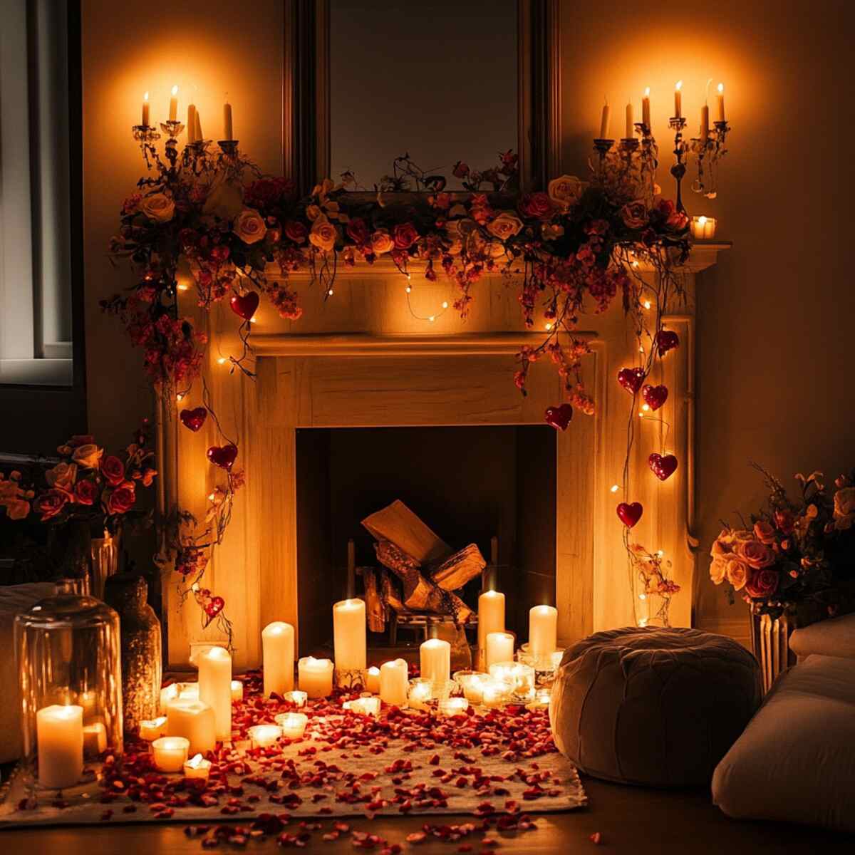 Fireplace adorned with candles and romantic decor
