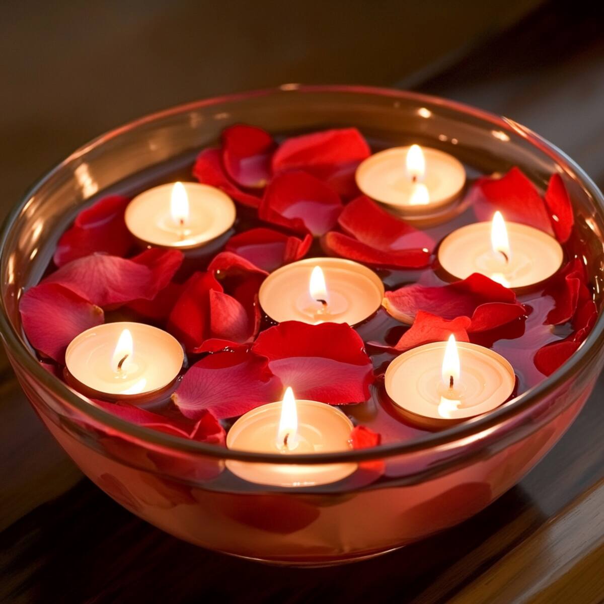 Floating candles in a bowl of rose petals