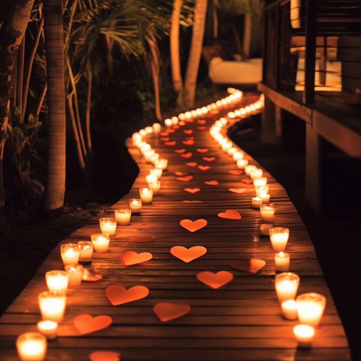 Heart-shaped tealight pathway leading