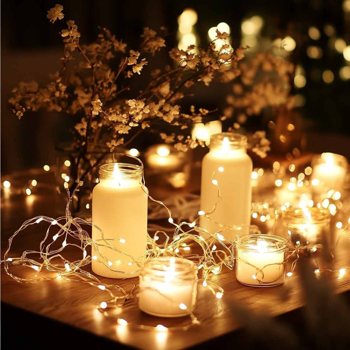 LED fairy lights intertwined with candles