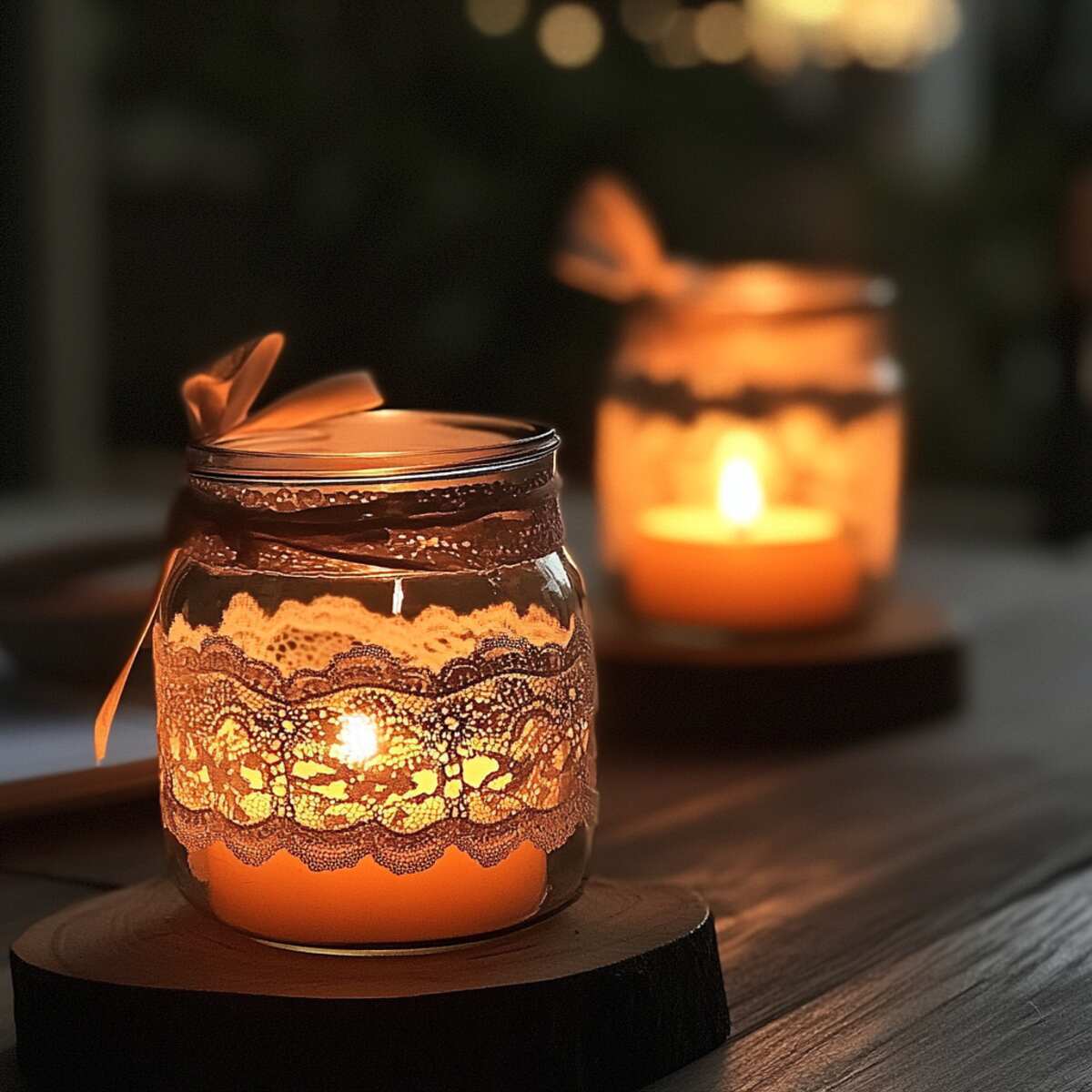 Mason jar candle lanterns with lace or ribbon