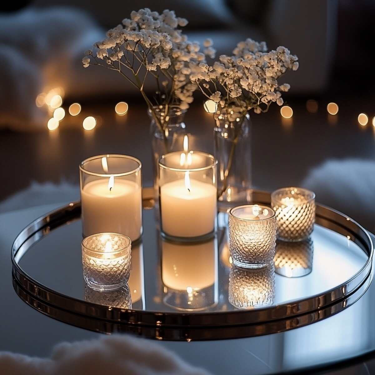 Mirrored tray with assorted candles
