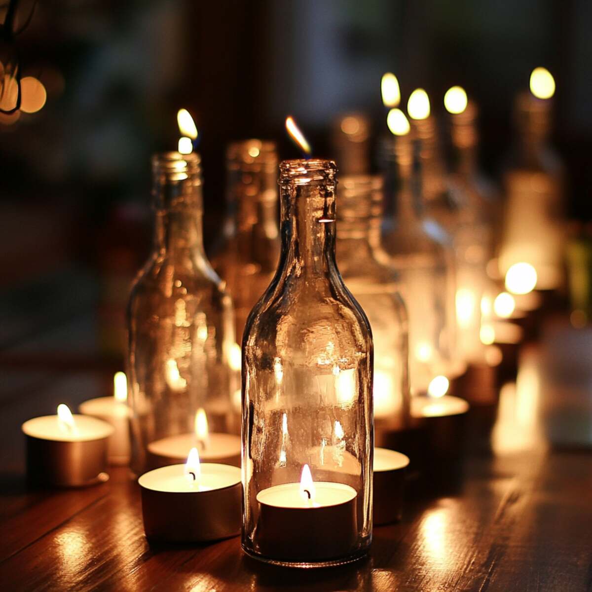 Tea light candles inside glass bottles