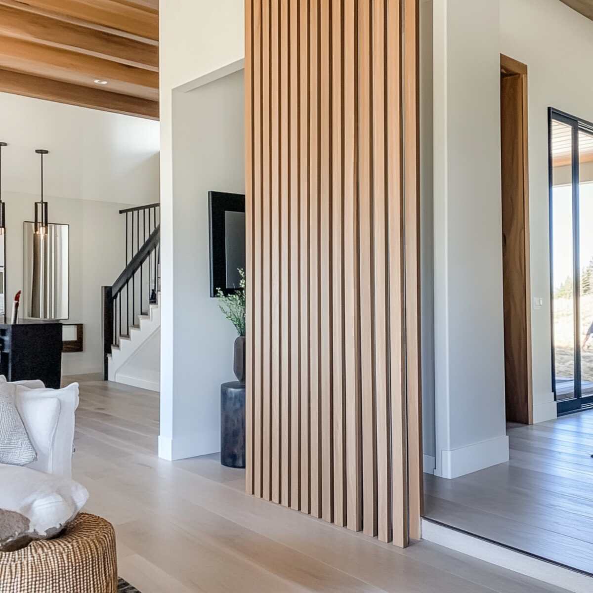 Wood slat half-wall divider