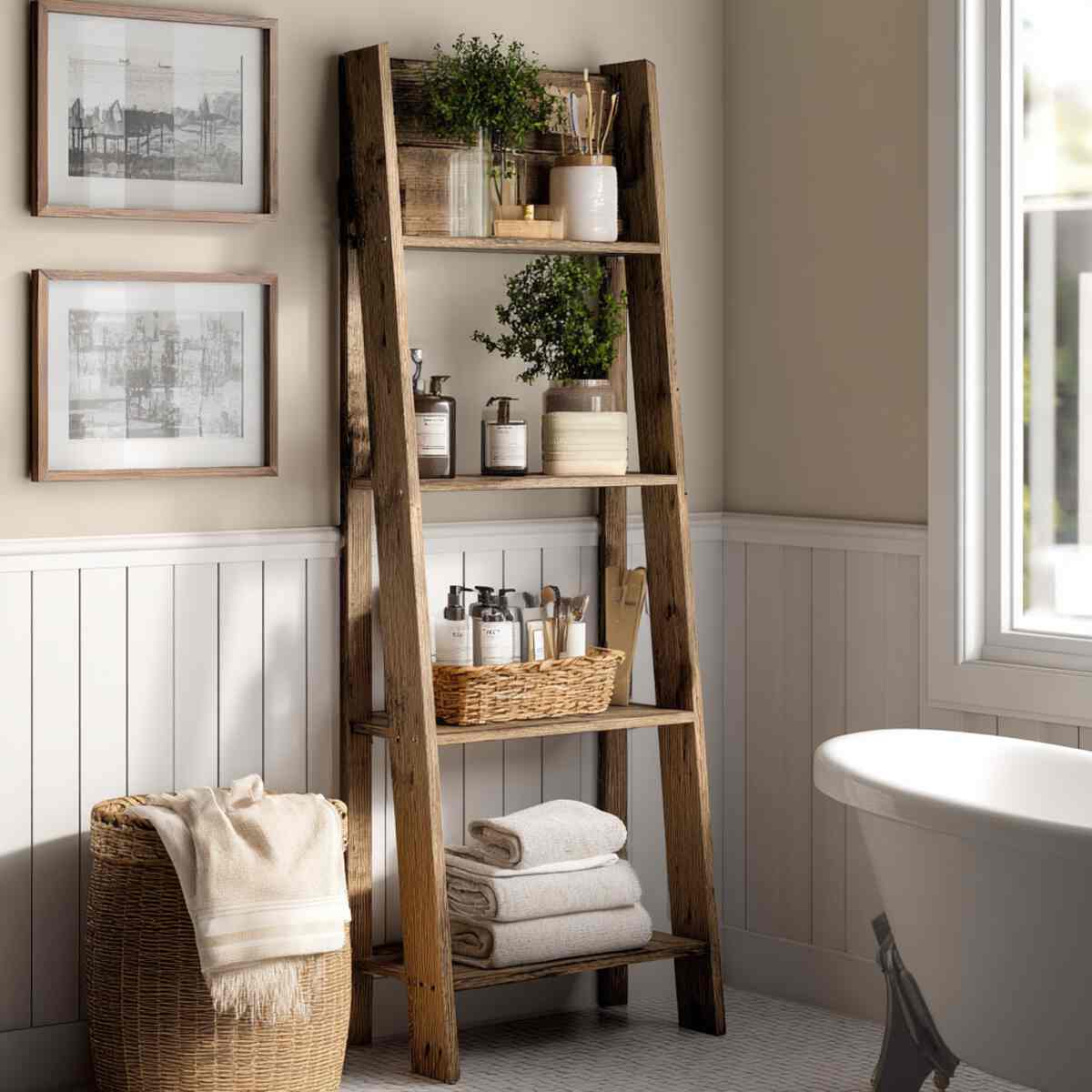 Rustic Wooden Ladder Shelf
