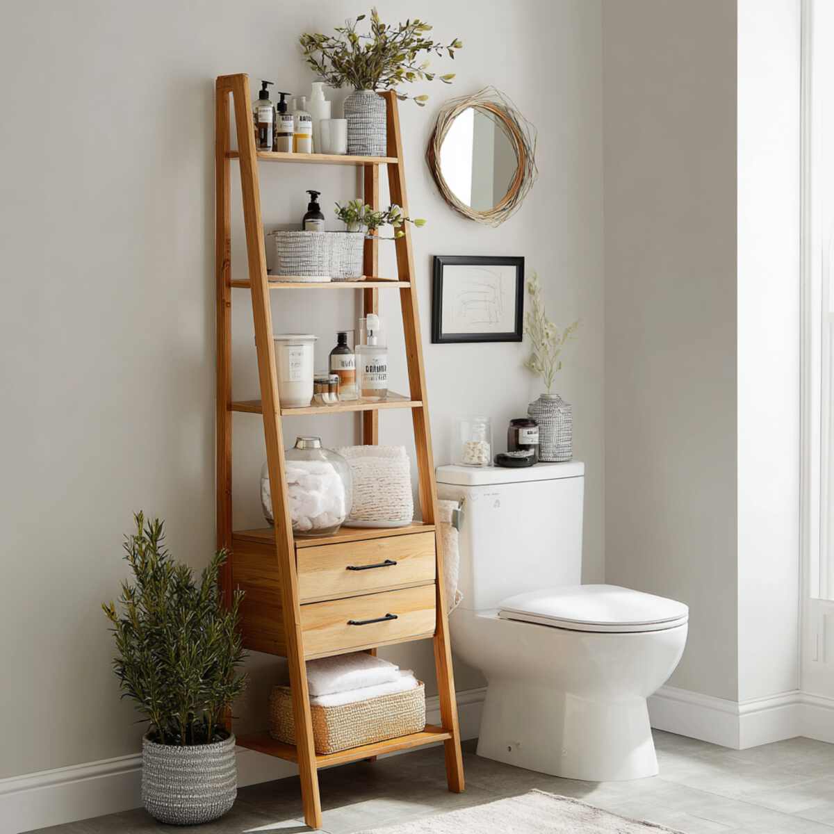 Tiered Ladder Shelf with Drawers
