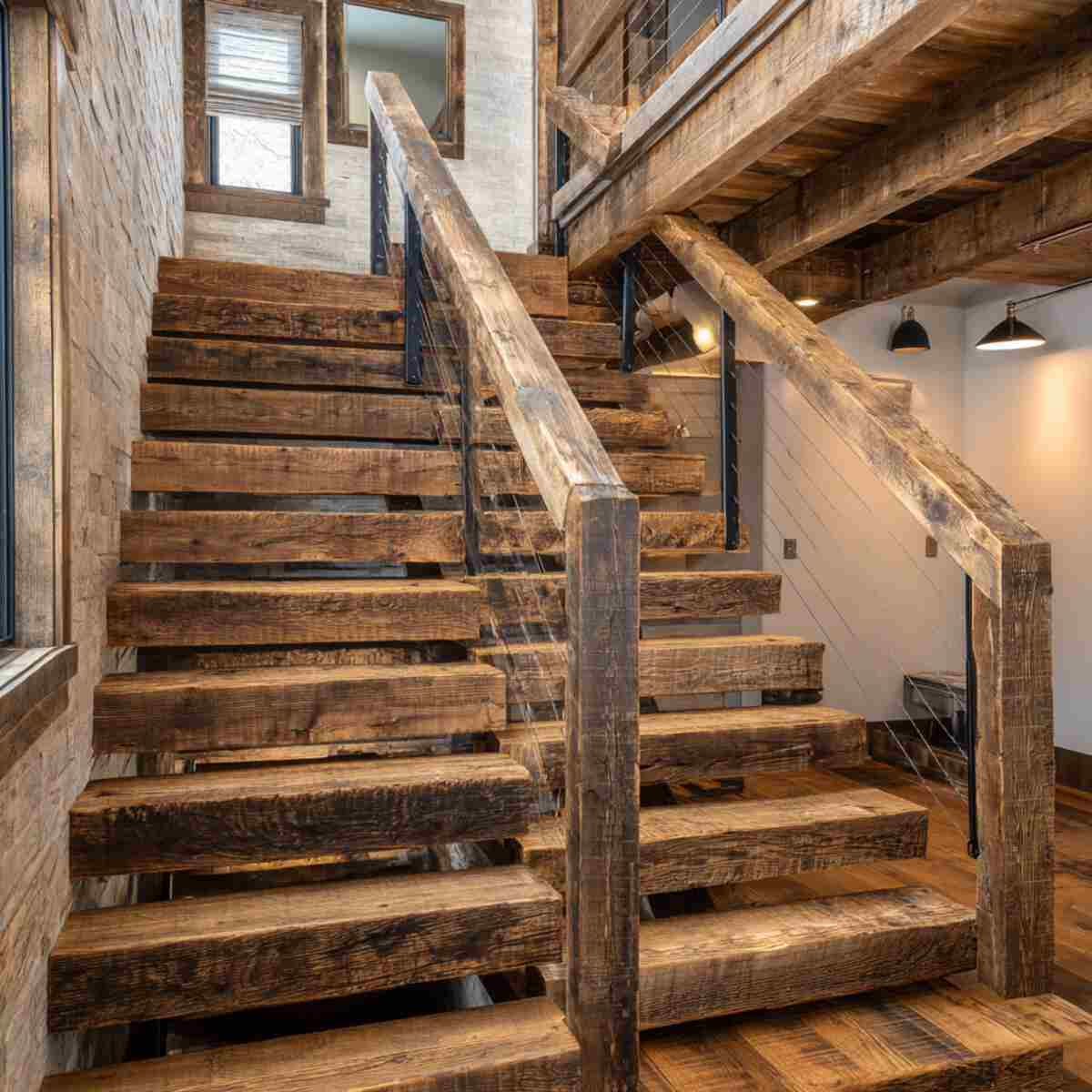 Rustic Reclaimed Wood Open Stairs