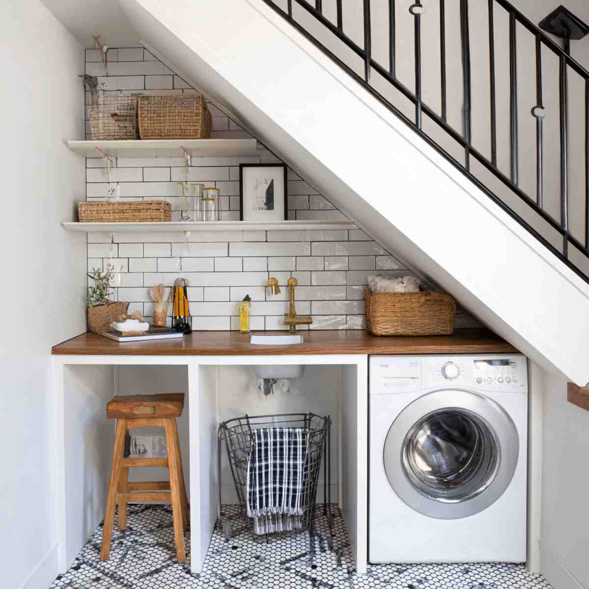 Tiled Mini Laundry Station Under Stairs