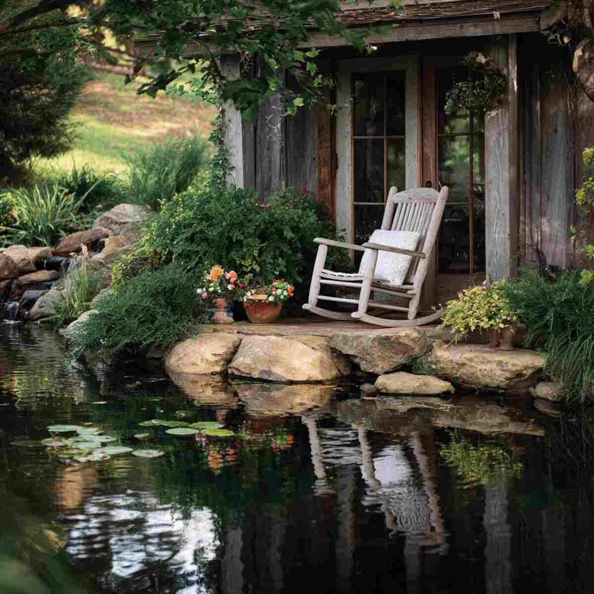 Rustic Rocking Chair by a Pond