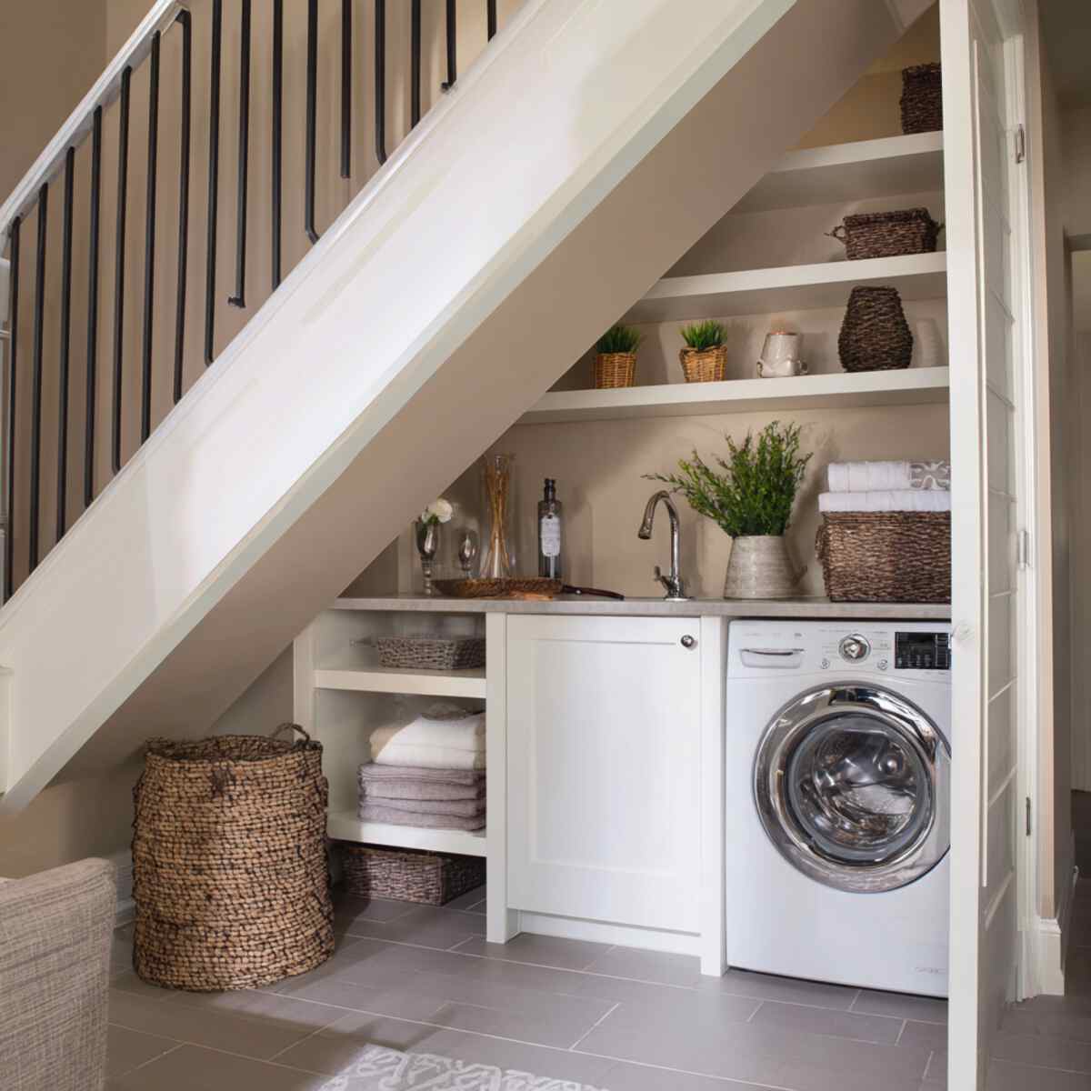 Under-Stair Open Shelving Laundry Center
