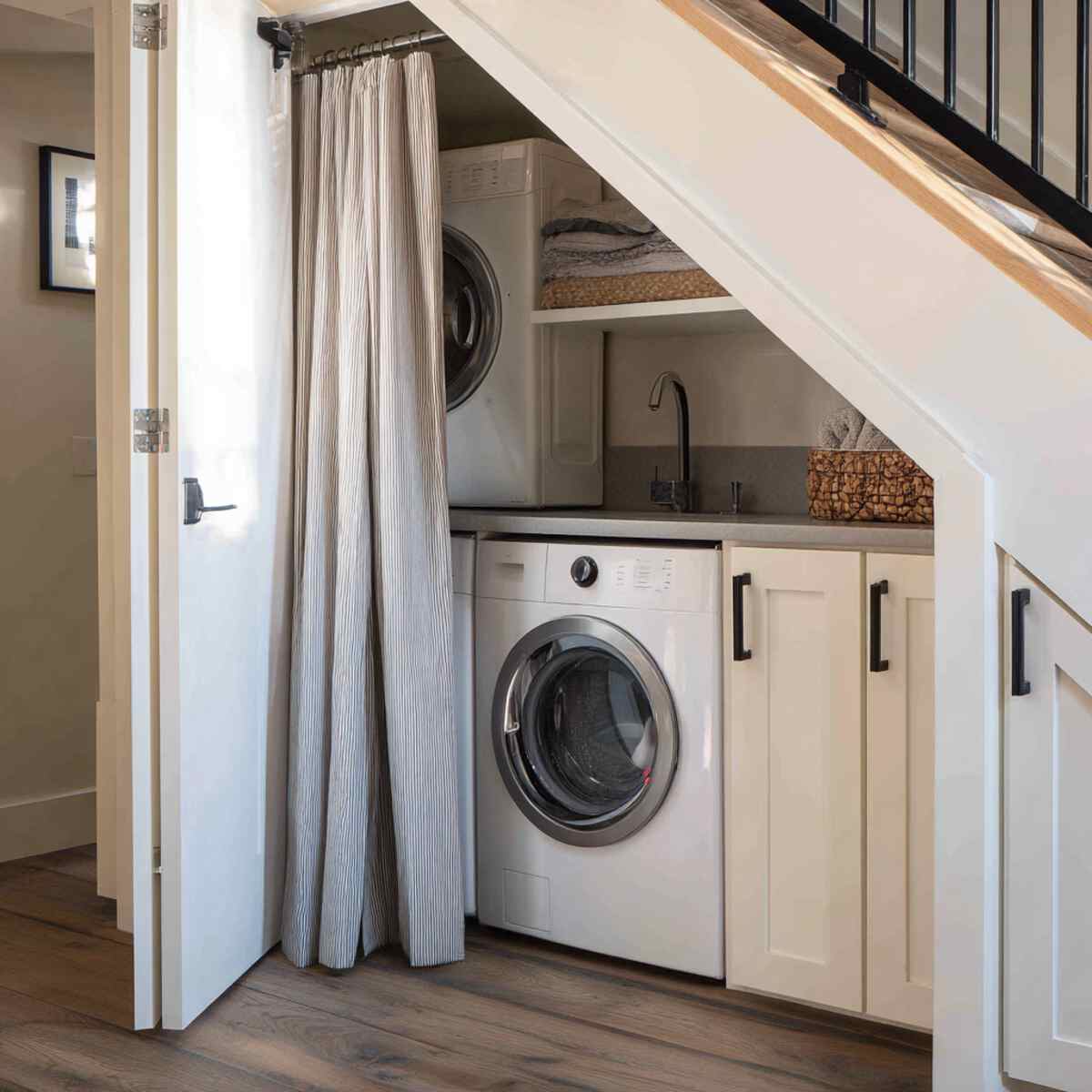 Minimalist Laundry Closet with Curtain Enclosure