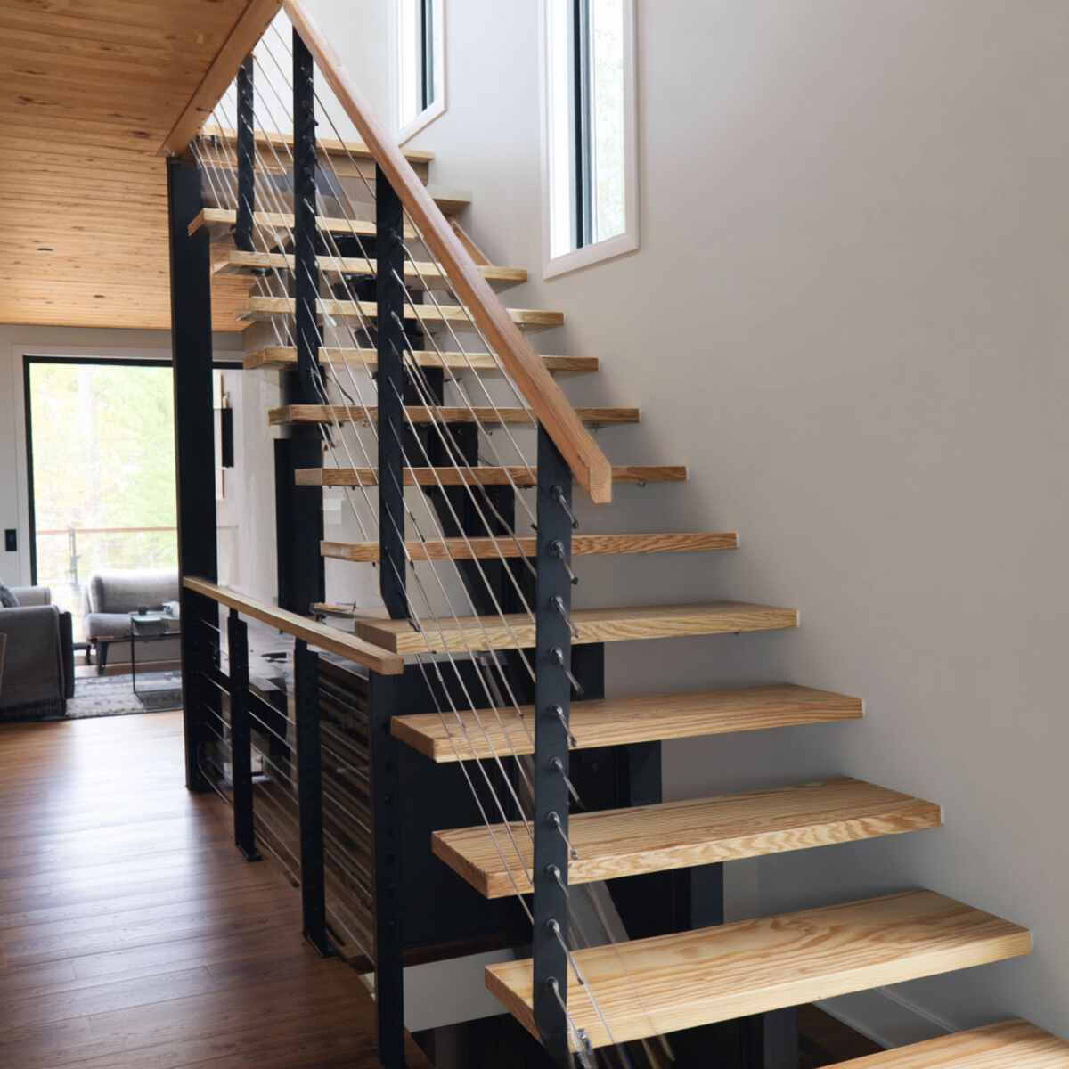 Black Steel Stringers with Pine Steps