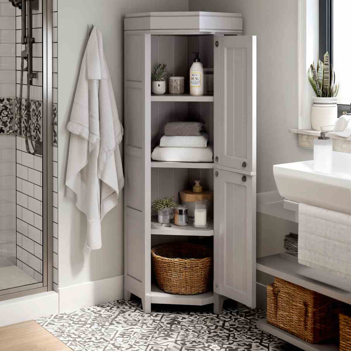 Corner Cabinet with Open Cubbies