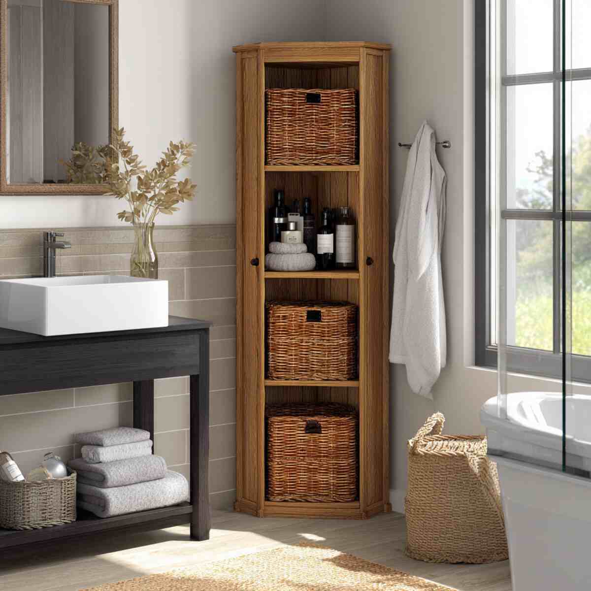 Corner Cabinet with Wicker Baskets
