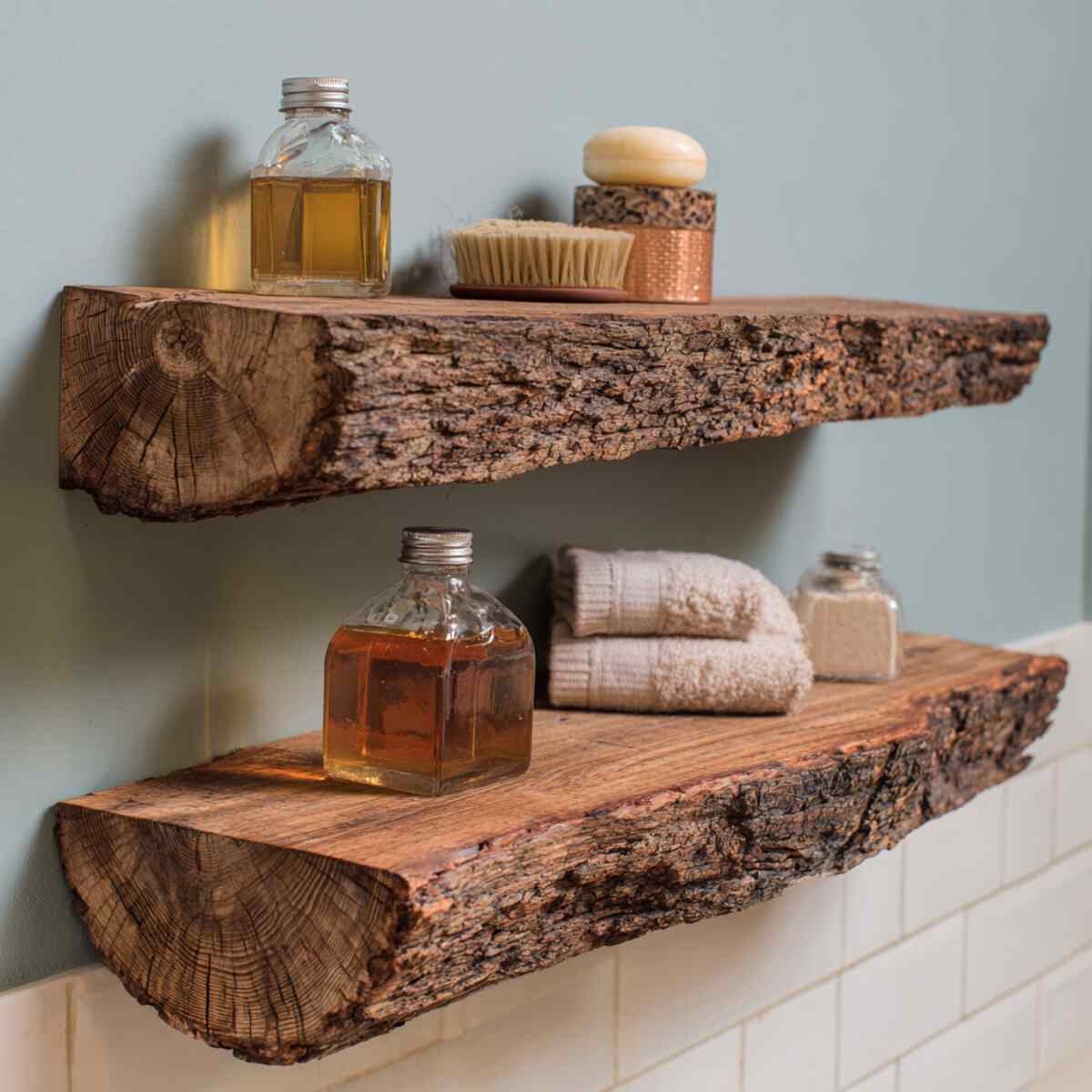 Floating Shelves Made from Rough Bark-Edged Planks