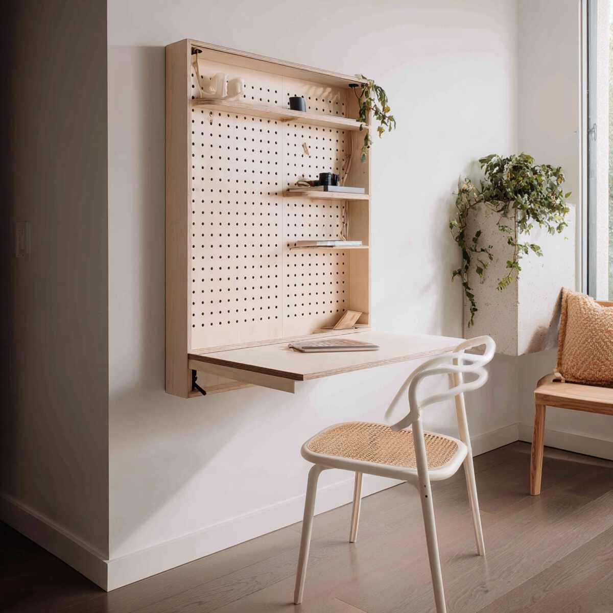 Fold-Down Desk with Pegboard Backing