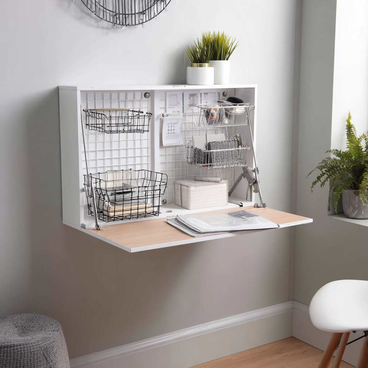 Fold-Down Desk with Wire Organizers