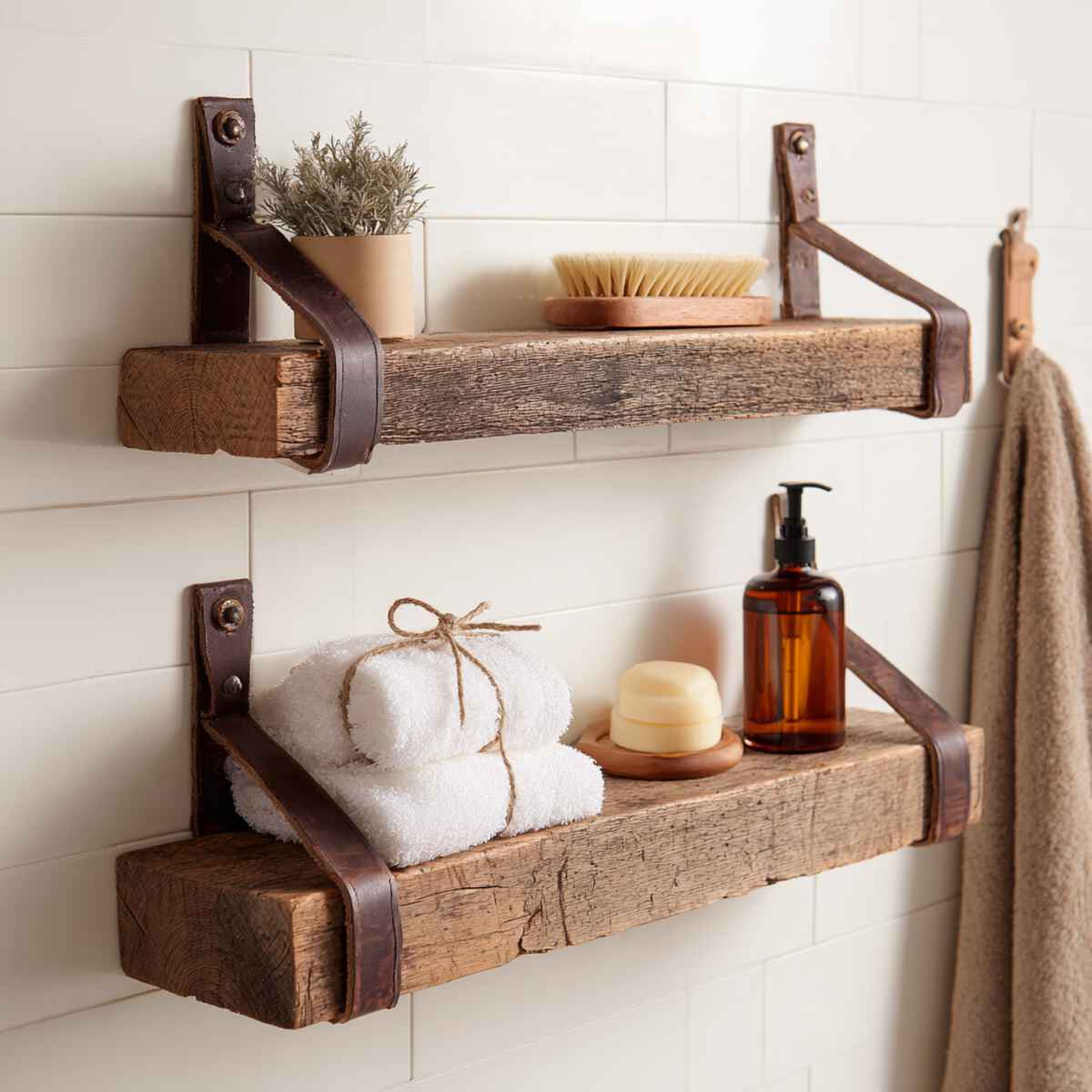 Hand-Hewn Plank Shelves with Leather Strap Hangers