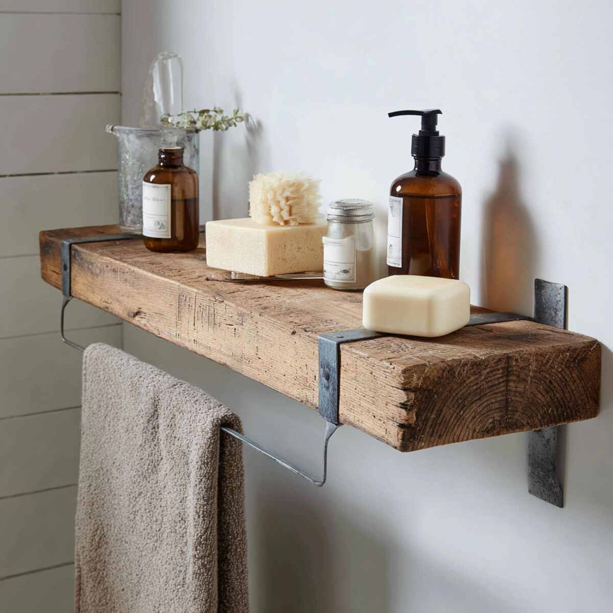 Rough-Hewn Timber Shelf with Metal Brackets