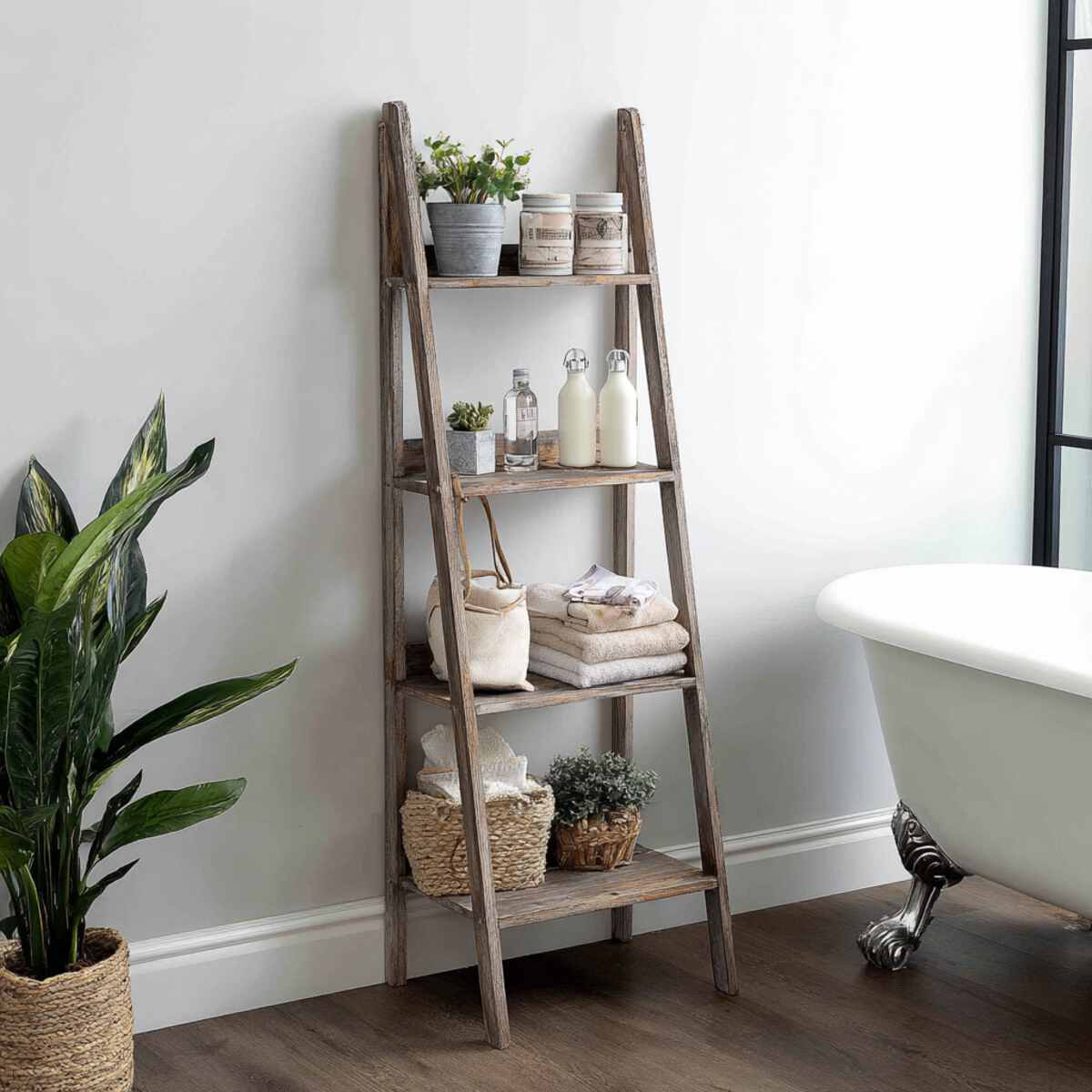 Rustic Ladder Shelf Leaning Against the Wall