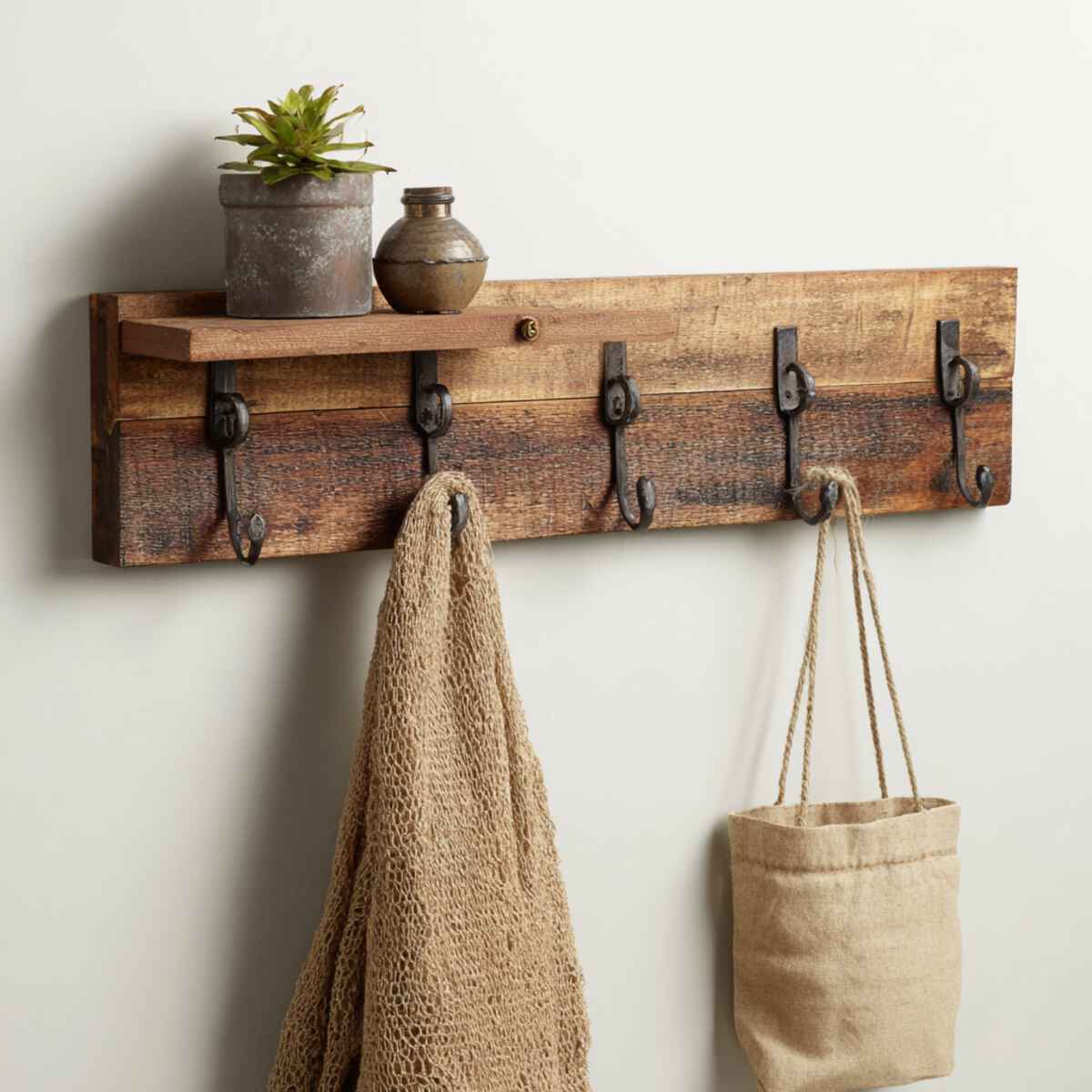 Rustic Wood Plank with Iron Hooks
