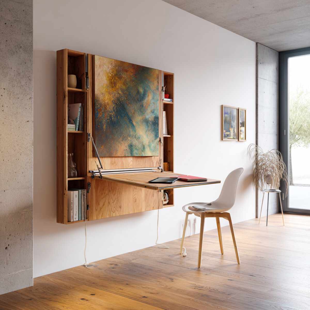 Space-Saving Desk Behind Artwork Panel