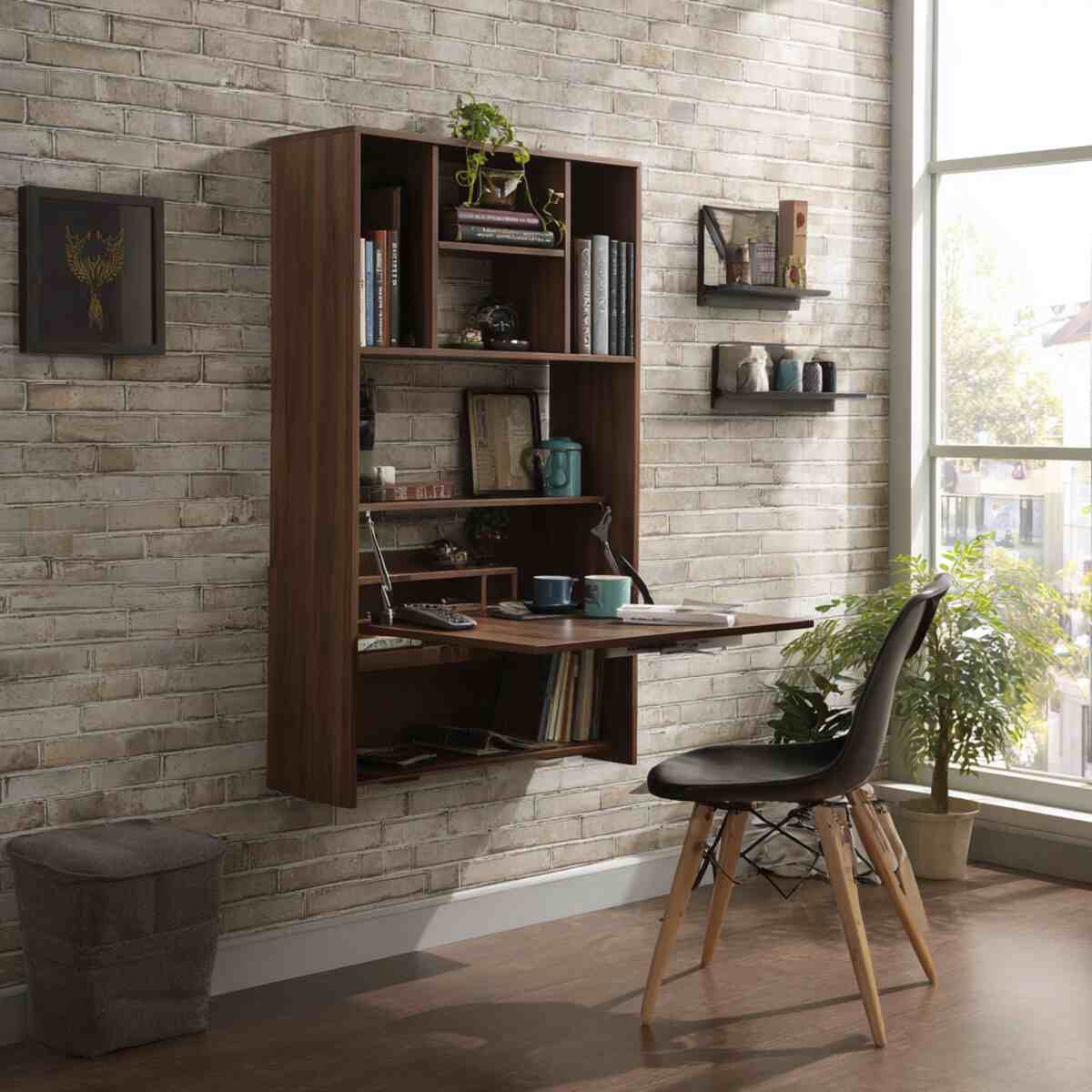 Vertical Bookshelf with Foldable Desk